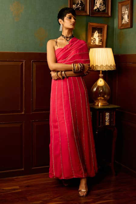 Reeti Arneja - Theklub Pink One Shoulder Pipe Embellished Saree Gown 