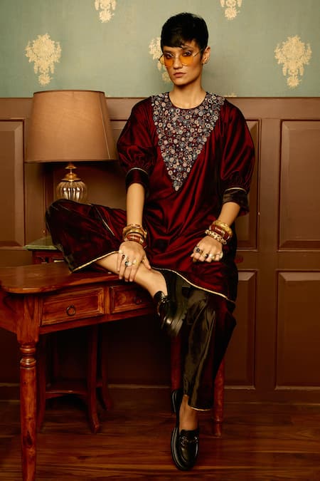 Reeti Arneja - Theklub Maroon Hand Embroidered Kurta & Palazzo Set 