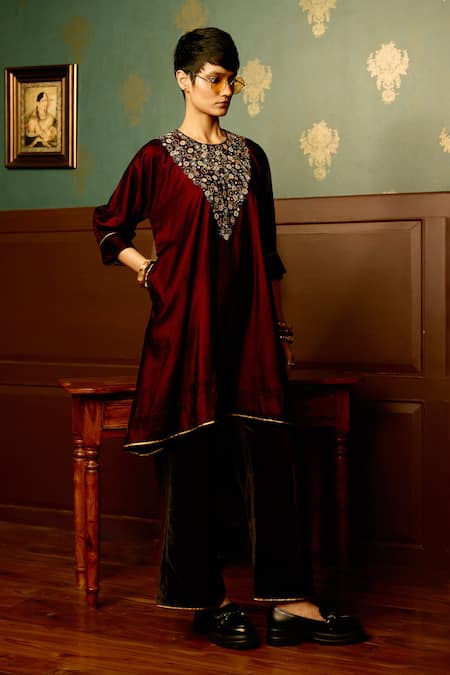Buy_Reeti Arneja - Theklub_Maroon Microfiber Beads, Sequins, Crystals Hand Embroidered Kurta And Palazzo Set _Online_at_Aza_Fashions