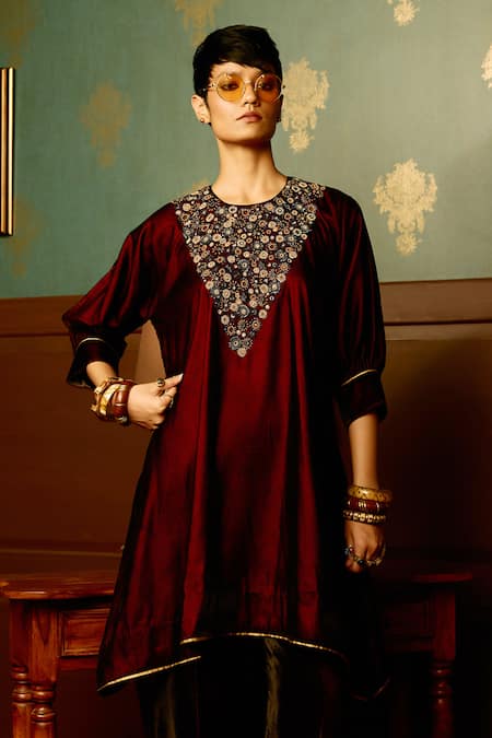 Shop_Reeti Arneja - Theklub_Maroon Microfiber Beads, Sequins, Crystals Hand Embroidered Kurta And Palazzo Set _Online_at_Aza_Fashions