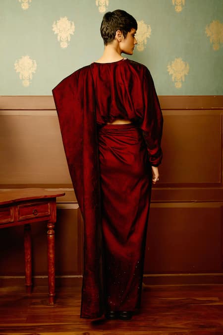 Reeti Arneja - Theklub Hand Embroidered Maroon Balero Top & Skirt 