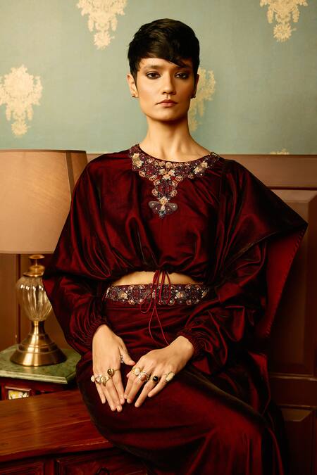 Reeti Arneja - Theklub_Maroon Microfiber Beads, Crystals Round Hand Embroidered Balero Top And Skirt _at_Aza_Fashions