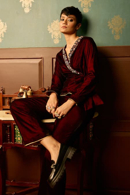 Reeti Arneja - Theklub Maroon Hand Embroidered Jumpsuit 