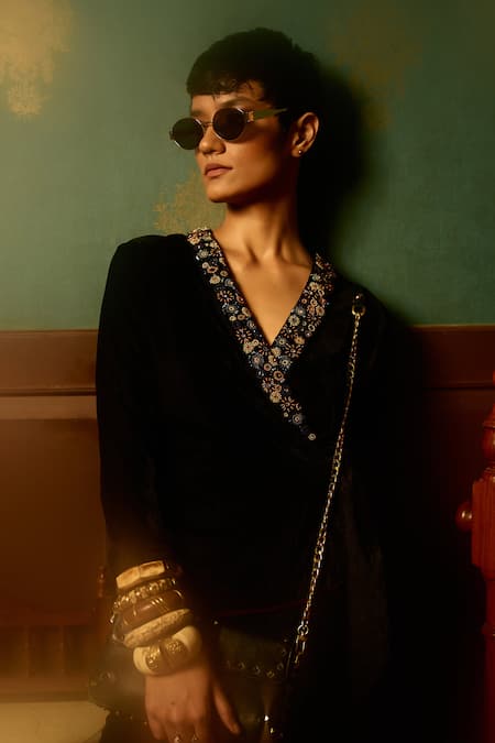 Buy_Reeti Arneja - Theklub_Black Microfiber Beads, Embroidery, Crystals V-neck Hand Jumpsuit _Online_at_Aza_Fashions