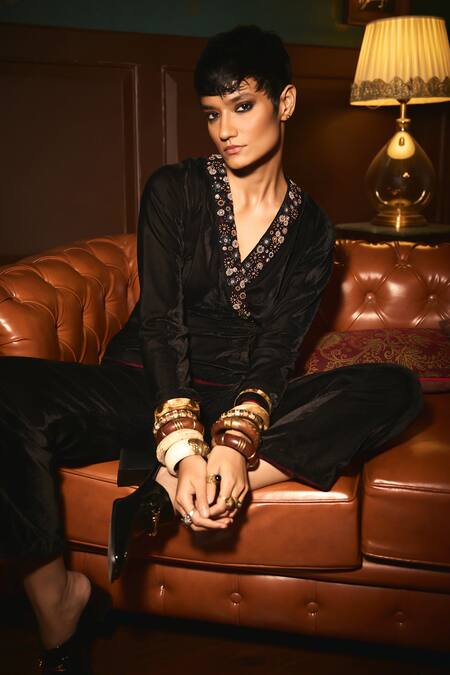 Reeti Arneja - Theklub_Black Microfiber Beads, Embroidery, Crystals V-neck Hand Jumpsuit _at_Aza_Fashions