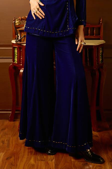 Reeti Arneja - Theklub_Blue Microfiber Crystals, Beads V-neck Royal Hand Embroidered Jumpsuit _Online_at_Aza_Fashions