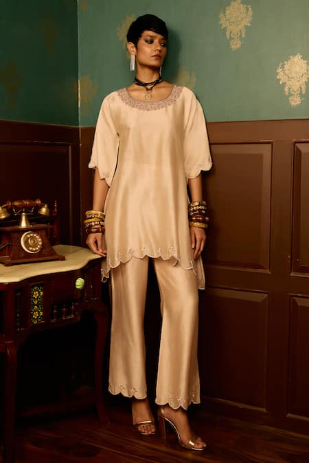 Reeti Arneja - Theklub_Pink Silk Embroidery, Cut Work Round Neck Baby Kurta Set _Online_at_Aza_Fashions