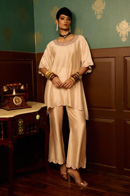 Buy_Reeti Arneja - Theklub_Pink Silk Embroidery, Cut Work Round Neck Baby Kurta Set _Online_at_Aza_Fashions