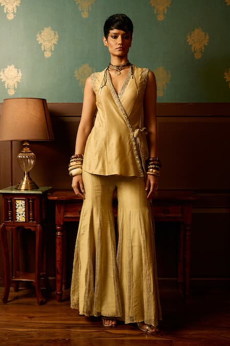 Reeti Arneja - Theklub_Beige Silk, Chanderi Embroidery V-neck Angarkha And Gharara Set _Online_at_Aza_Fashions