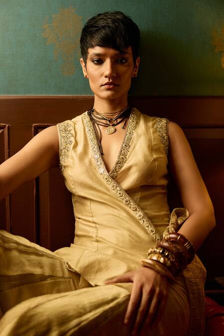 Buy_Reeti Arneja - Theklub_Beige Silk, Chanderi Embroidery V-neck Angarkha And Gharara Set _Online_at_Aza_Fashions