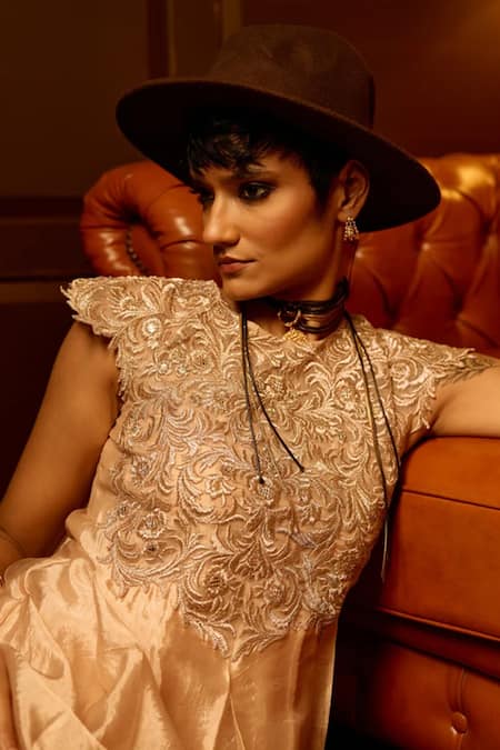 Reeti Arneja - Theklub_Pink Silk, Chanderi Embroidery Round Neck Baby Resham Anarkali Set _Online_at_Aza_Fashions