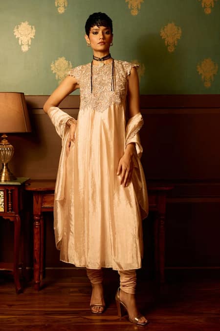 Buy_Reeti Arneja - Theklub_Pink Silk, Chanderi Embroidery Round Neck Baby Resham Anarkali Set _Online_at_Aza_Fashions