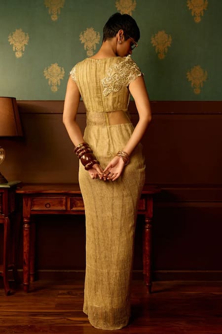 Shop_Reeti Arneja - Theklub_Beige Crepe Zari Asymmetric Embroidered Draped Gown _at_Aza_Fashions