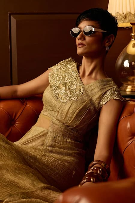 Reeti Arneja - Theklub_Beige Crepe Zari Asymmetric Embroidered Draped Gown _Online_at_Aza_Fashions