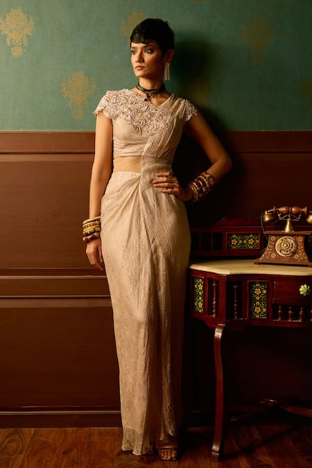 Reeti Arneja Tonal Embroidered Draped Gown 