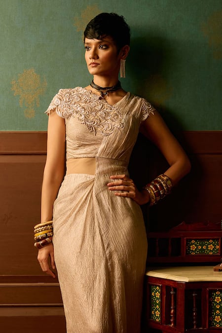 Reeti Arneja - Theklub Asymmetric Zari Embroidered Draped Gown 