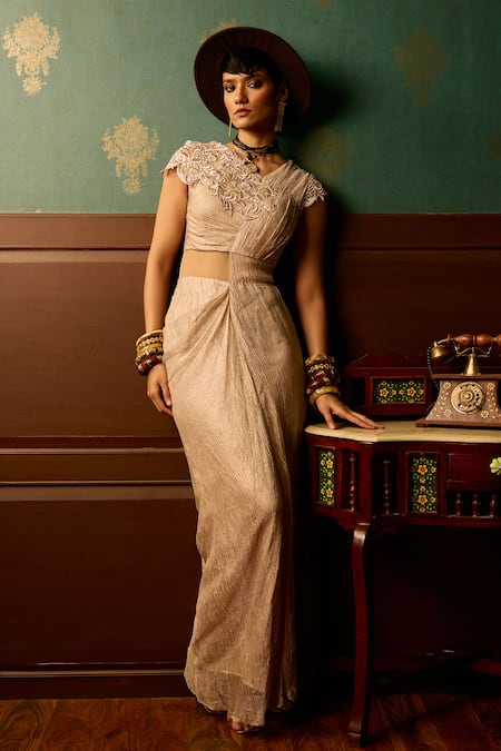 Reeti Arneja - Theklub_Pink Crepe Embroidery Asymmetric Zari Draped Gown _Online_at_Aza_Fashions