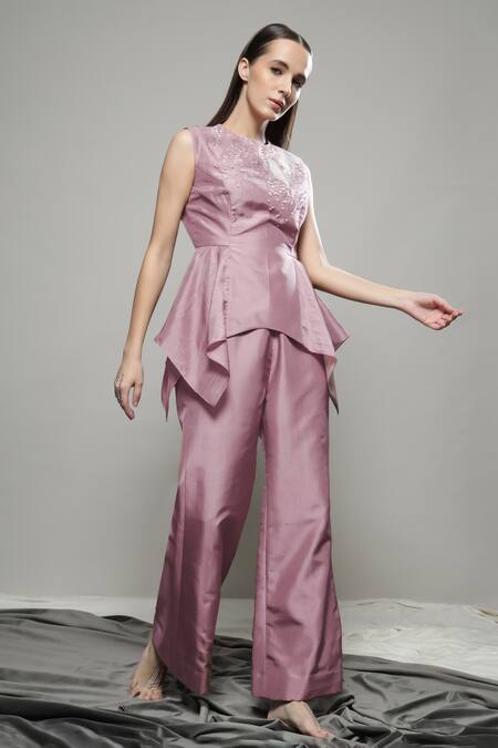 Sakshi Khetterpal Pink Silk, Linen Pearls, Beads Round Neck Embroidered Top And Pant Set at Aza Fashions Sakshi Khetterpal_Pink Silk, Linen Pearls, Beads Round Neck Embroidered Top And Pant Set _at_Aza_Fashions