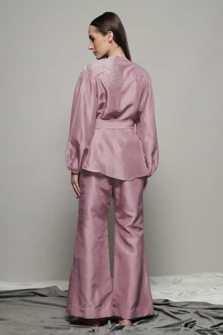 Shop_Sakshi Khetterpal_Pink Silk, Linen Embroidery V-neck Floral Wrapover Shirt And Pant Set _at_Aza_Fashions
