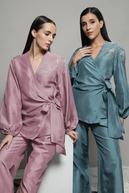 Sakshi Khetterpal_Pink Silk, Linen Embroidery V-neck Floral Wrapover Shirt And Pant Set _Online_at_Aza_Fashions