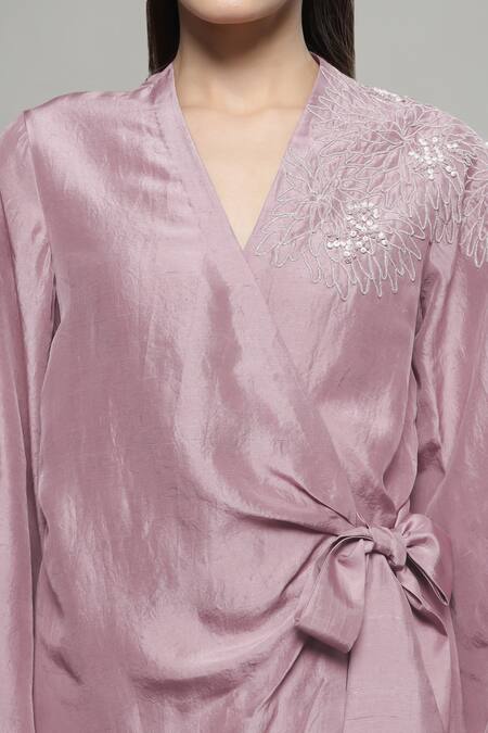 Buy_Sakshi Khetterpal_Pink Silk, Linen Embroidery V-neck Floral Wrapover Shirt And Pant Set _Online_at_Aza_Fashions