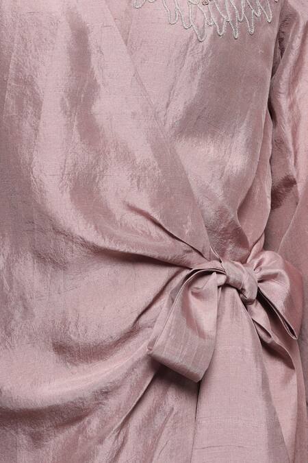 Shop_Sakshi Khetterpal_Pink Silk, Linen Embroidery V-neck Floral Wrapover Shirt And Pant Set _Online_at_Aza_Fashions