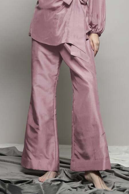 Sakshi Khetterpal_Pink Silk, Linen Embroidery V-neck Floral Wrapover Shirt And Pant Set _at_Aza_Fashions