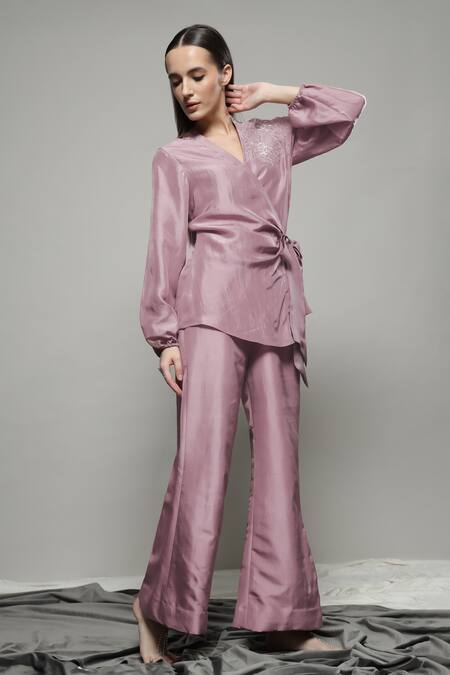 Shop_Sakshi Khetterpal_Pink Silk, Linen Embroidery V-neck Floral Wrapover Shirt And Pant Set 