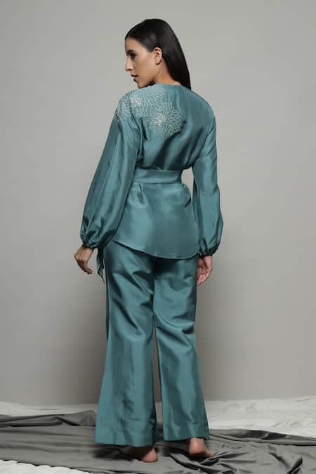 Shop_Sakshi Khetterpal_Green Silk, Linen Embroidery V-neck Floral Wrap Shirt And Pant Set _at_Aza_Fashions