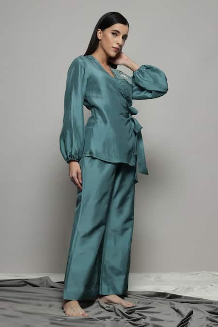 Sakshi Khetterpal_Green Silk, Linen Embroidery V-neck Floral Wrap Shirt And Pant Set _Online_at_Aza_Fashions