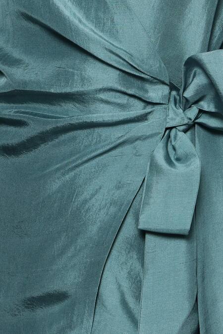 Shop_Sakshi Khetterpal_Green Silk, Linen Embroidery V-neck Floral Wrap Shirt And Pant Set _Online_at_Aza_Fashions