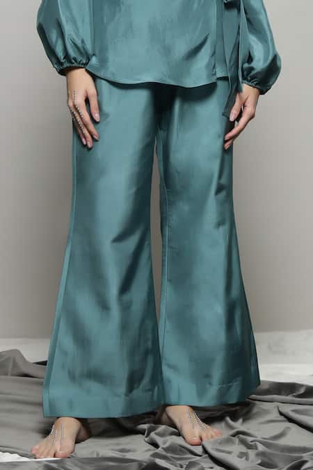 Sakshi Khetterpal_Green Silk, Linen Embroidery V-neck Floral Wrap Shirt And Pant Set _at_Aza_Fashions