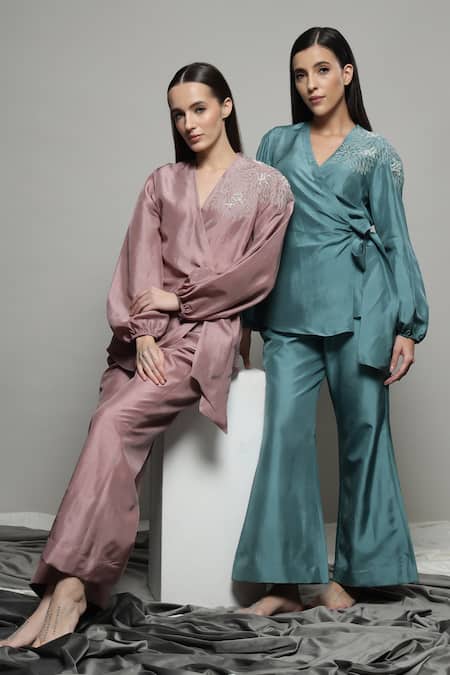 Shop_Sakshi Khetterpal_Green Silk, Linen Embroidery V-neck Floral Wrap Shirt And Pant Set 