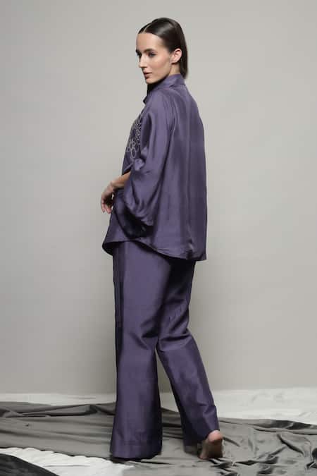 Shop_Sakshi Khetterpal_Purple Silk, Linen Embroidery Collared Floral Shirt And Pant Set _at_Aza_Fashions