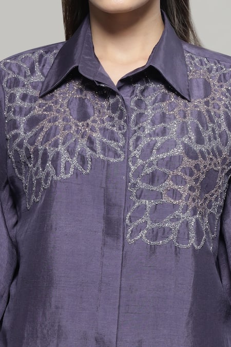 Sakshi Khetterpal_Purple Silk, Linen Embroidery Collared Floral Shirt And Pant Set _Online_at_Aza_Fashions
