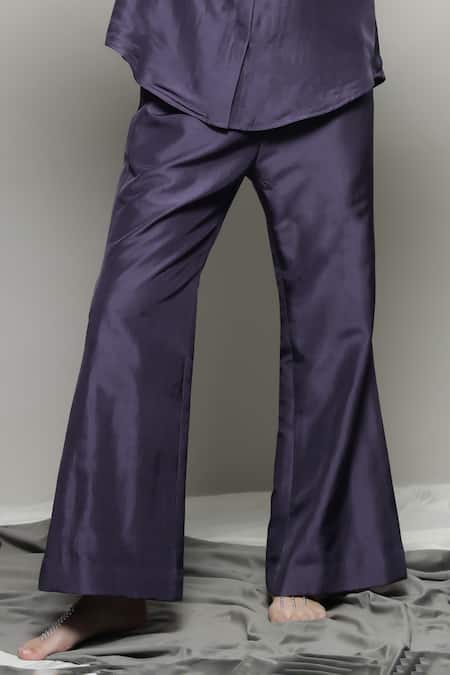 Shop_Sakshi Khetterpal_Purple Silk, Linen Embroidery Collared Floral Shirt And Pant Set _Online_at_Aza_Fashions