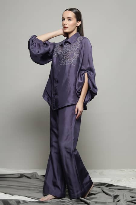 Sakshi Khetterpal_Purple Silk, Linen Embroidery Collared Floral Shirt And Pant Set _at_Aza_Fashions