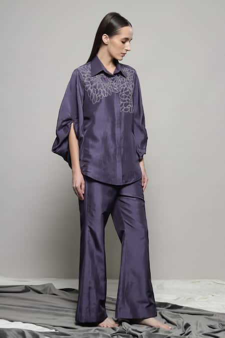 Buy_Sakshi Khetterpal_Purple Silk, Linen Embroidery Collared Floral Shirt And Pant Set 