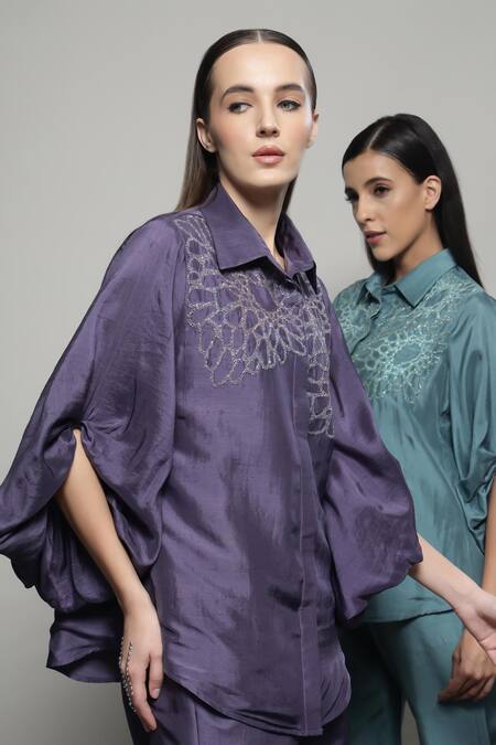 Shop_Sakshi Khetterpal_Purple Silk, Linen Embroidery Collared Floral Shirt And Pant Set 
