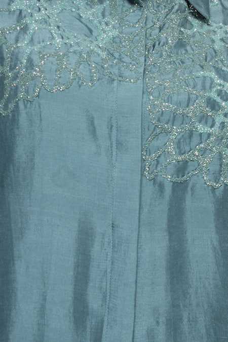 Shop_Sakshi Khetterpal_Green Silk Embroidery Collared Floral Balloon Sleeve Set _Online_at_Aza_Fashions