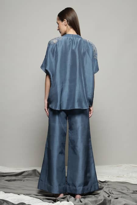 Shop_Sakshi Khetterpal_Gray Silk, Linen Embroidery Split V-neck Batwing Shirt And Pant Set _at_Aza_Fashions
