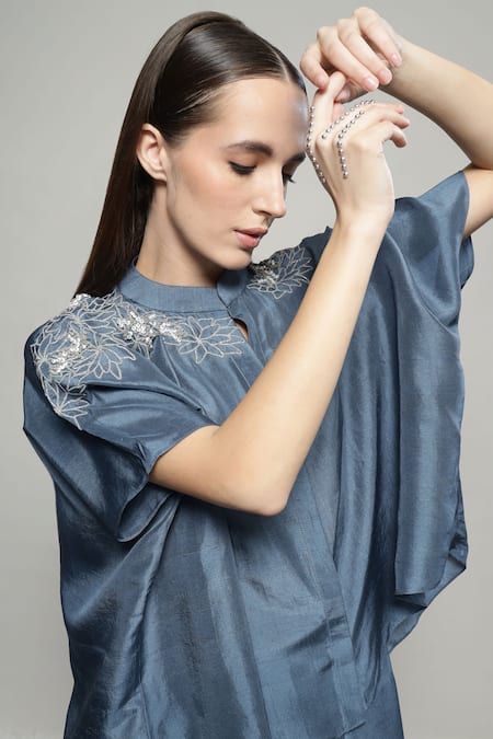 Buy_Sakshi Khetterpal_Gray Silk, Linen Embroidery Split V-neck Batwing Shirt And Pant Set _Online_at_Aza_Fashions