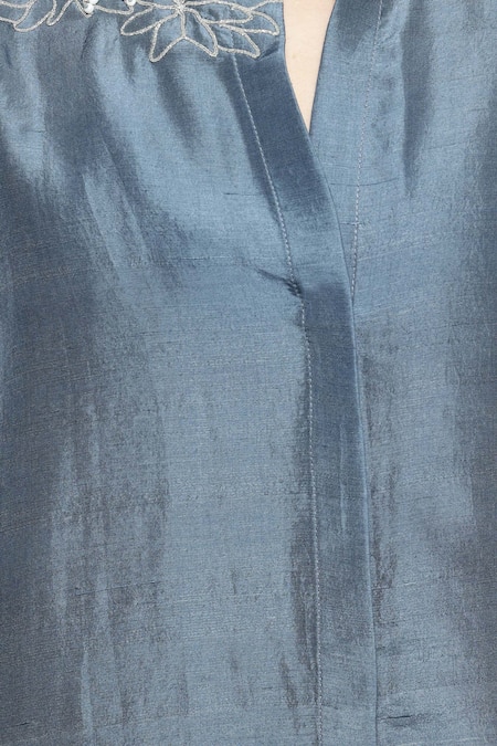 Shop_Sakshi Khetterpal_Gray Silk, Linen Embroidery Split V-neck Batwing Shirt And Pant Set _Online_at_Aza_Fashions