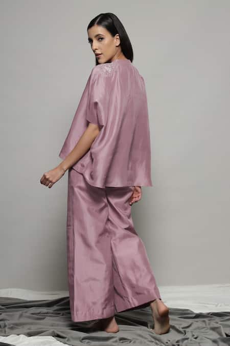 Shop Sakshi Khetterpal Pink Silk, Linen Embroidery Split V-neck Kaftan Shirt And Pant Set at Aza Fashions Shop_Sakshi Khetterpal_Pink Silk, Linen Embroidery Split V-neck Kaftan Shirt And Pant Set _at_Aza_Fashions