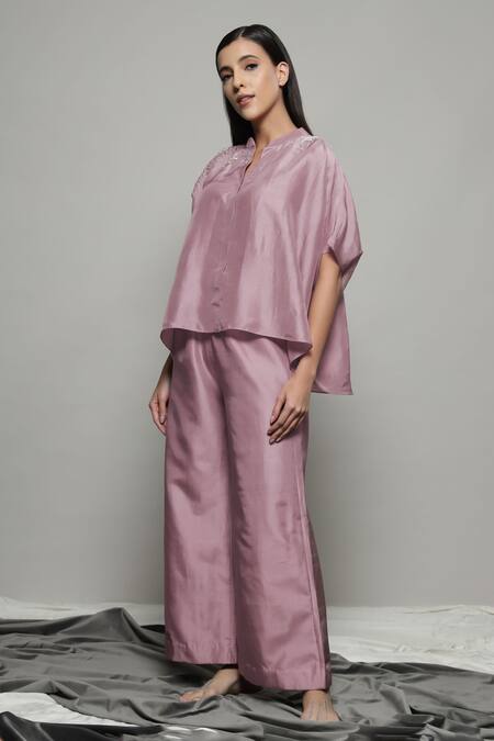 Buy Sakshi Khetterpal Pink Silk, Linen Embroidery Split V-neck Kaftan Shirt And Pant Set Buy_Sakshi Khetterpal_Pink Silk, Linen Embroidery Split V-neck Kaftan Shirt And Pant Set