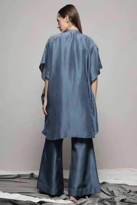 Shop Sakshi Khetterpal Gray Silk, Linen Embroidery Split V-neck Kaftan Shirt And Pant Set at Aza Fashions Shop_Sakshi Khetterpal_Gray Silk, Linen Embroidery Split V-neck Kaftan Shirt And Pant Set _at_Aza_Fashions