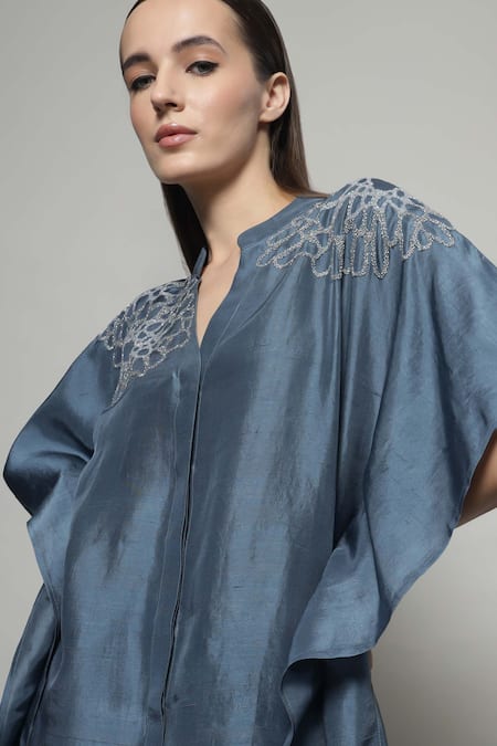 Sakshi Khetterpal Gray Silk, Linen Embroidery Split V-neck Kaftan Shirt And Pant Set Online at Aza Fashions Sakshi Khetterpal_Gray Silk, Linen Embroidery Split V-neck Kaftan Shirt And Pant Set _Online_at_Aza_Fashions