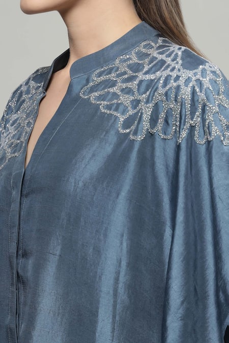 Buy Sakshi Khetterpal Gray Silk, Linen Embroidery Split V-neck Kaftan Shirt And Pant Set Online at Aza Fashions Buy_Sakshi Khetterpal_Gray Silk, Linen Embroidery Split V-neck Kaftan Shirt And Pant Set _Online_at_Aza_Fashions