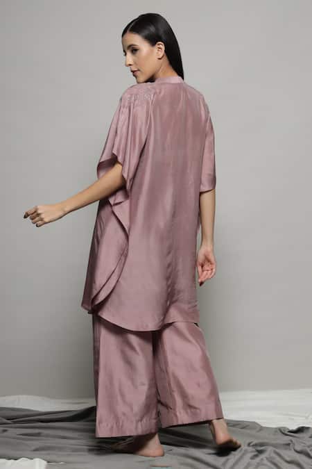 Shop Sakshi Khetterpal Pink Silk, Linen Embroidery Split V-neck Kaftan Shirt And Flared Pant Set at Aza Fashions Shop_Sakshi Khetterpal_Pink Silk, Linen Embroidery Split V-neck Kaftan Shirt And Flared Pant Set _at_Aza_Fashions