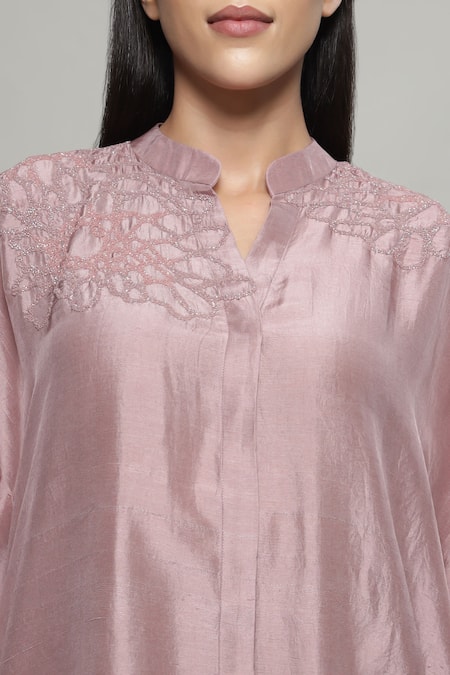 Buy Sakshi Khetterpal Pink Silk, Linen Embroidery Split V-neck Kaftan Shirt And Flared Pant Set Online at Aza Fashions Buy_Sakshi Khetterpal_Pink Silk, Linen Embroidery Split V-neck Kaftan Shirt And Flared Pant Set _Online_at_Aza_Fashions